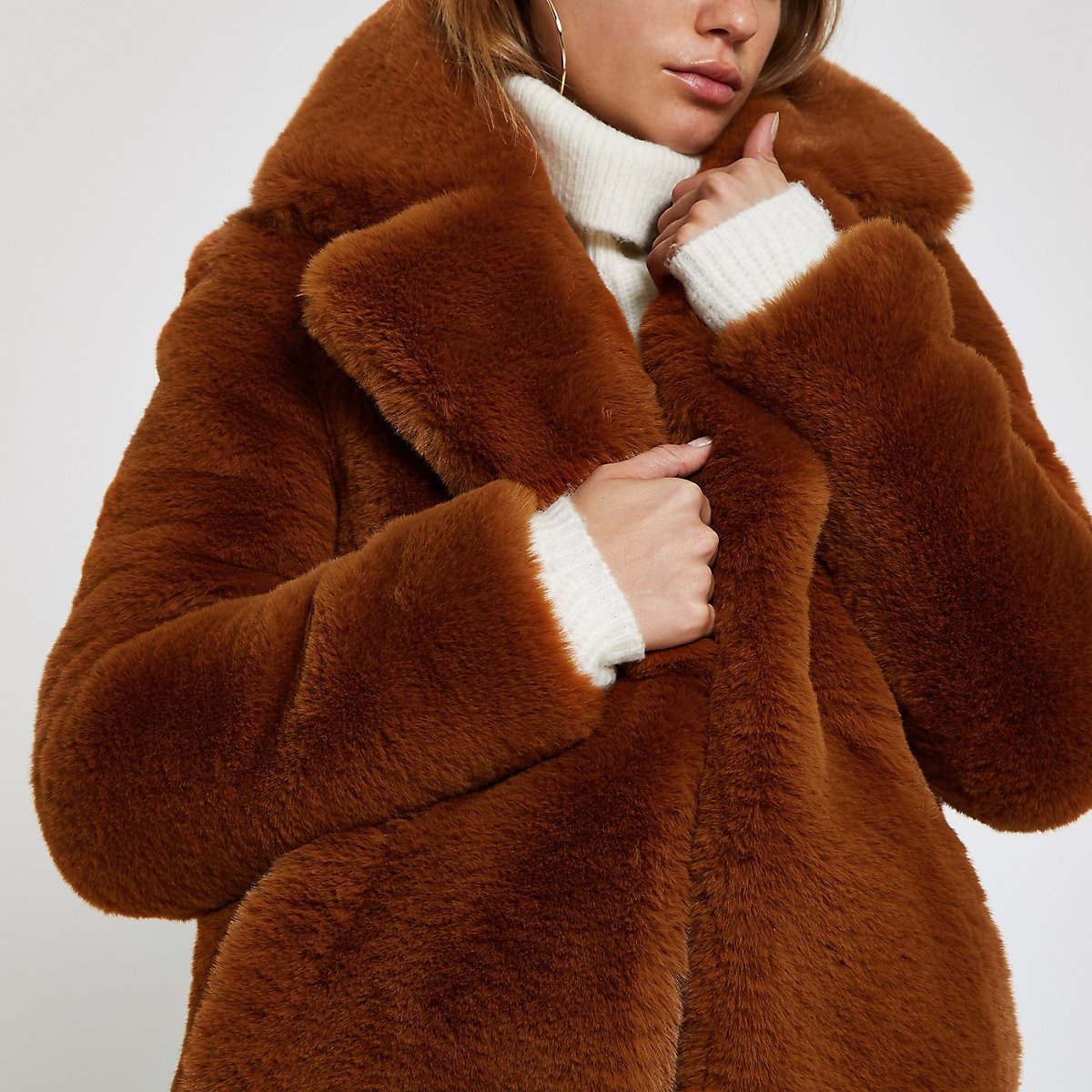 Brown faux fur longline coat