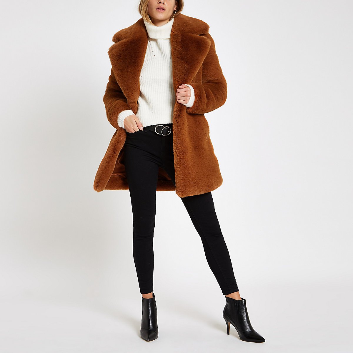 Brown faux fur longline coat