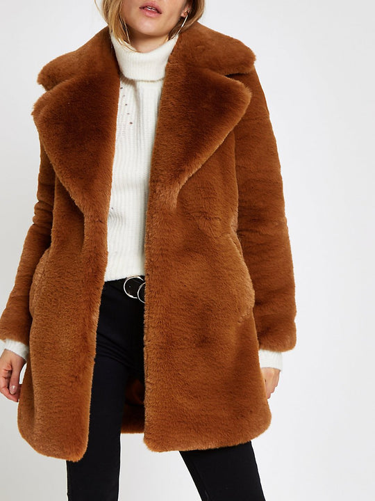 Brown faux fur longline coat