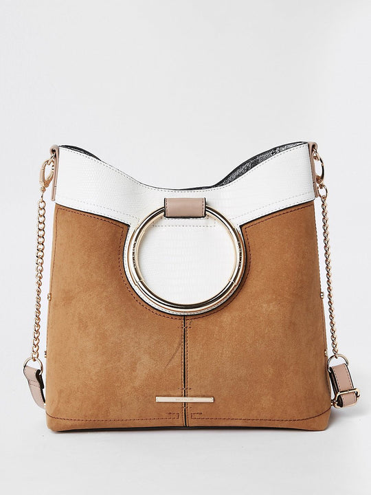 Beige metal hoop tote bag