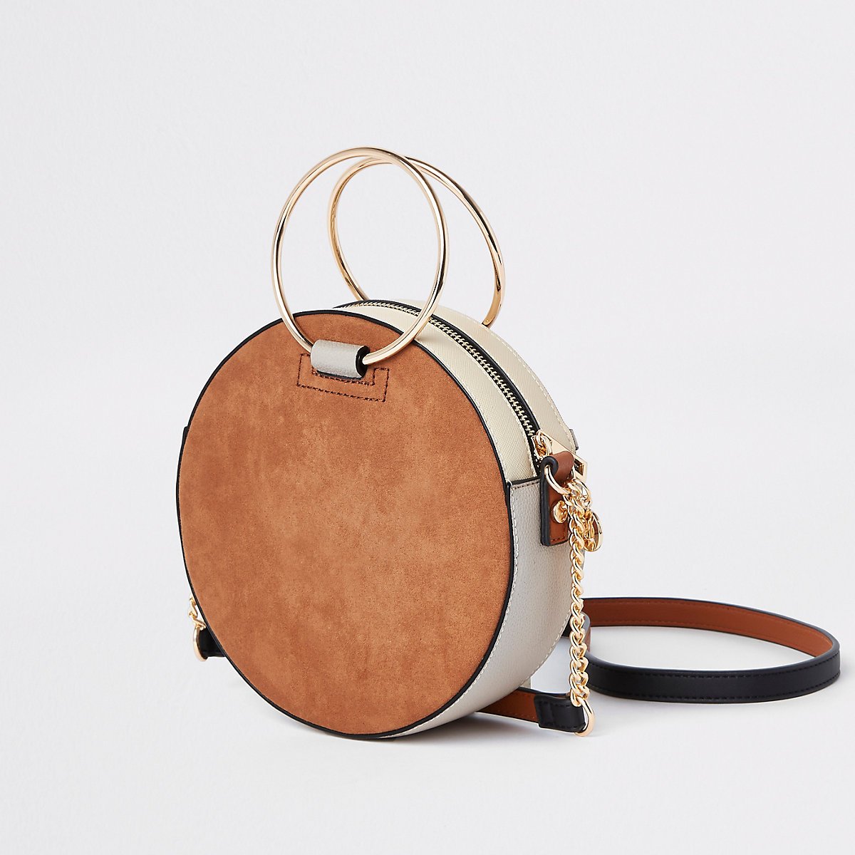 Beige ring handle circle cross body bag