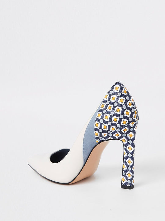 Blue printed block heel court shoes