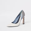 Blue printed block heel court shoes