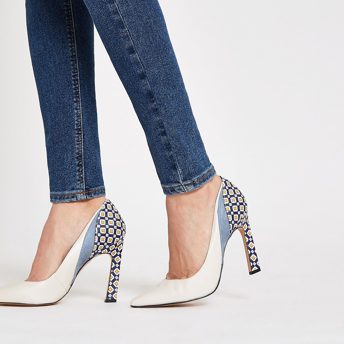 Blue printed block heel court shoes