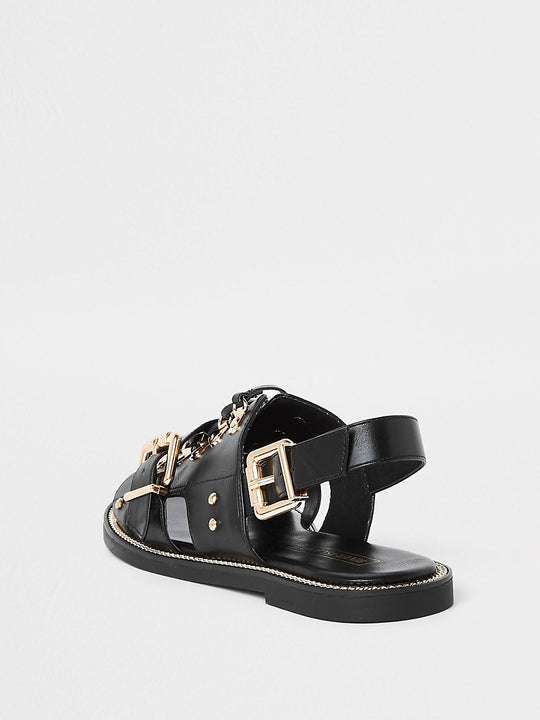 Black faux leather chain trim sandals