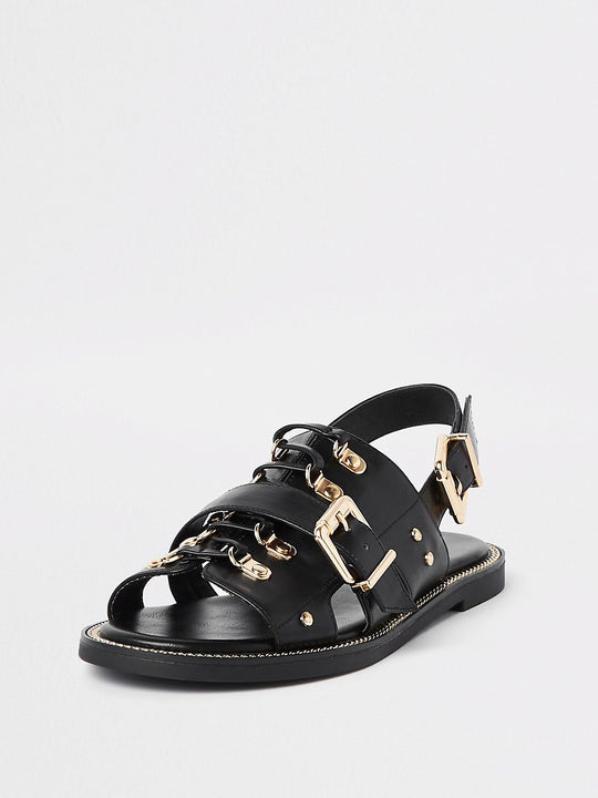 Black faux leather chain trim sandals