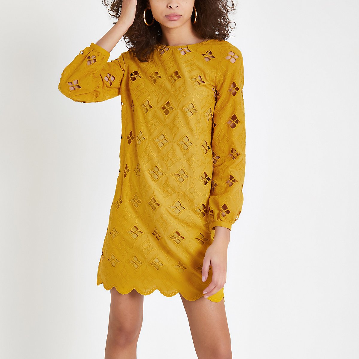 Dark yellow lace cut out swing dress