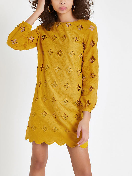 Dark yellow lace cut out swing dress