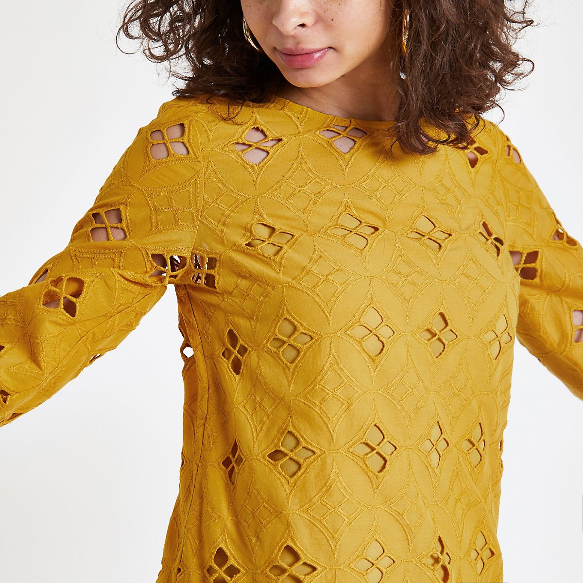 Dark yellow lace cut out swing dress