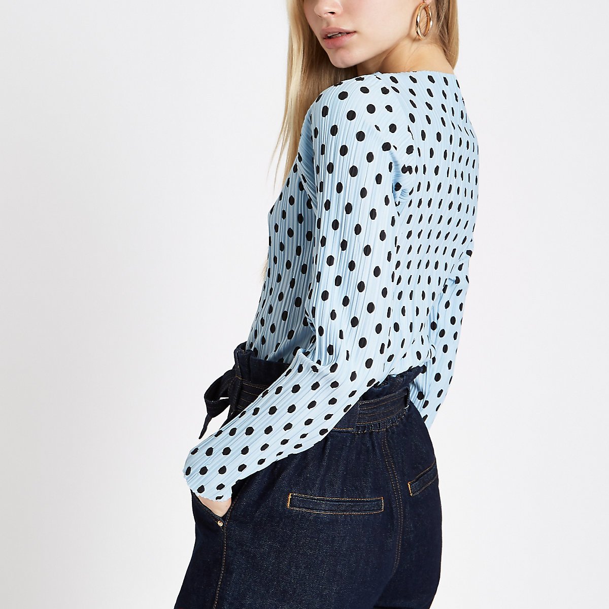 Navy polka dot print high neck top