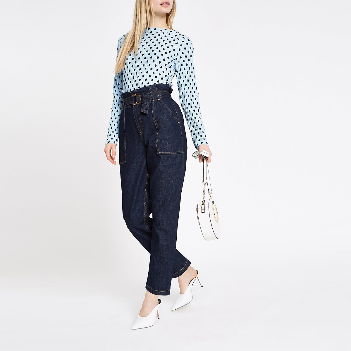 Navy polka dot print high neck top