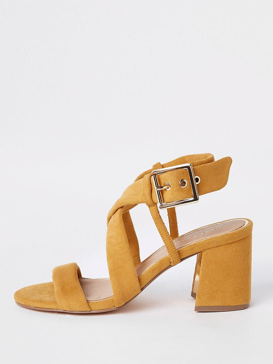 Yellow tie strap block heel sandals