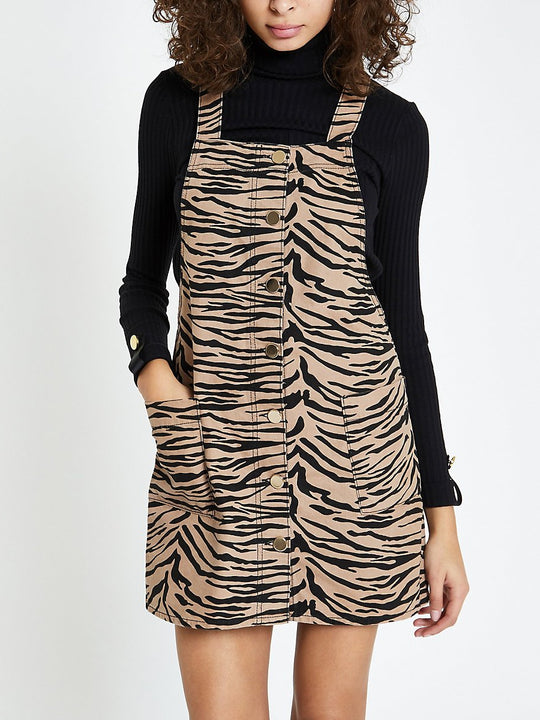 Brown zebra print dungaree dress