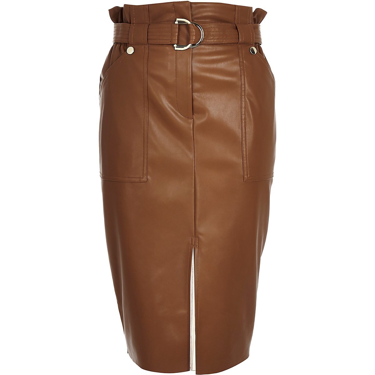 Brown paperbag waist pencil skirt