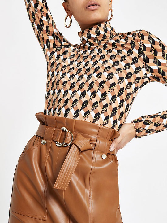 Brown paperbag waist pencil skirt