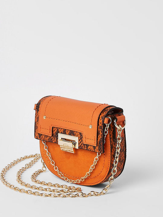 Orange saddle lock front chain cross body bag