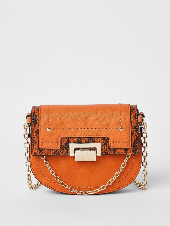 Orange saddle lock front chain cross body bag