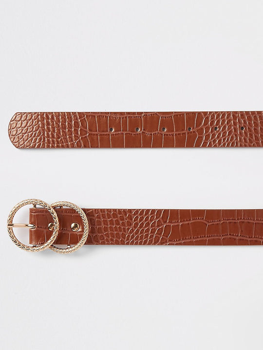 Brown croc embossed double ring jeans belt