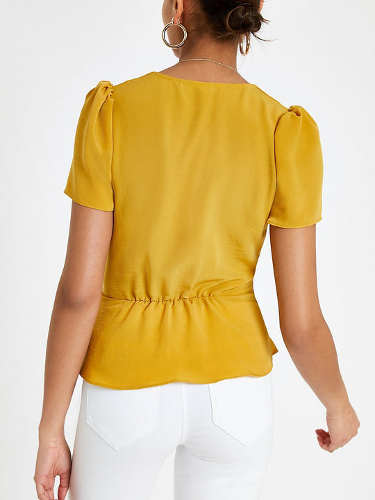 Yellow button front tea top