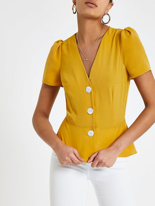 Yellow button front tea top