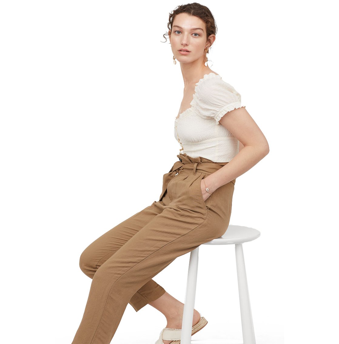 Linen-blend paper bag trousers