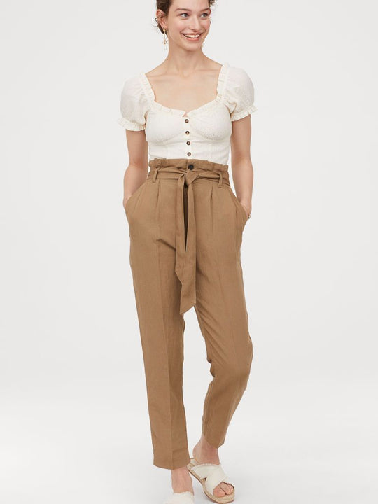 Linen-blend paper bag trousers