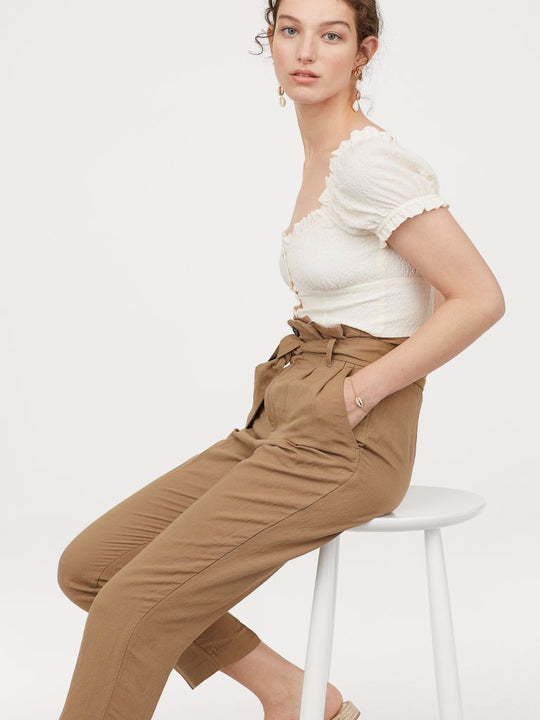 Linen-blend paper bag trousers