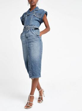 Blue belted midi denim dress