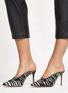 Black zebra print leather heel mules